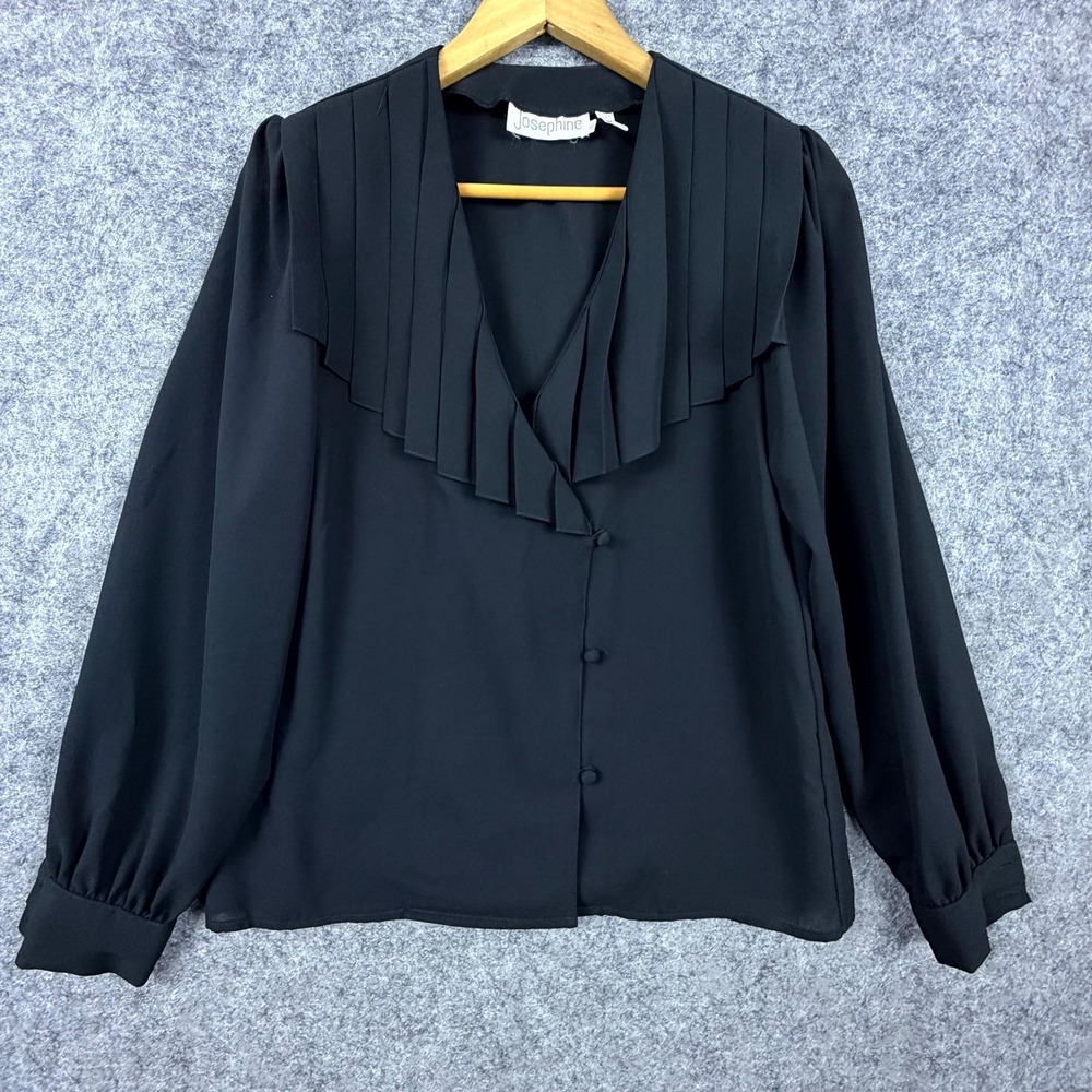 Vintage Josephine Secretary Blouse‎ Womens 10 Black Office Ruffle Front Career